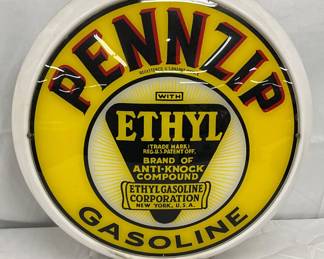 Milk Glass Pennzip Gas Pump Globe with Ethyl Logo, 16 inches
