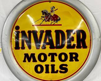 1956 ‘Invader Motor Oils’ Metal Convex Self Framed Sign by A-M Sign Co., 45 inches