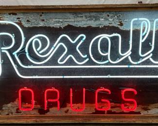 Rexall Drugs Neon Sign on Tin and Wood Frame, 66×38