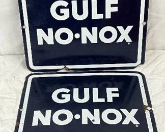 Two Porc. ‘Gulf No-Nox’ Pump Plates, 11×9 Inches