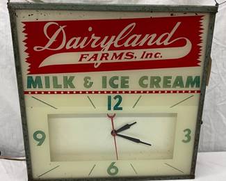 Dairyland Farms Inc. Lighted Milk & Ice Cream Advertising Clock, 15 x 15