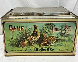 Jno. J. Bagley & Co. Metal Tin with Game Fine Cut Advertisemen, 12in x 8in