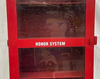 Early Lance Red Metal Honor System Cabinet with Glass Front, 14×26 Inches