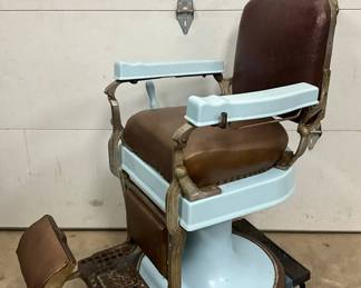 Early Koken Porcelain Barber Chair with Brown Upholstery and Light Blue Base