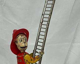 Early ‘Climbing Fireman’ Tin Litho Toy, No. I Co., 5in x 22in
