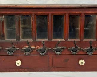 Wooden Cabinet With Glass Compartments, Hooks, and Two Drawers, 25in x 12in