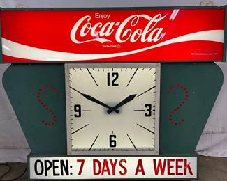 Early Coca-Cola Light-Up Clock Scoreboard, 50in x 40in
