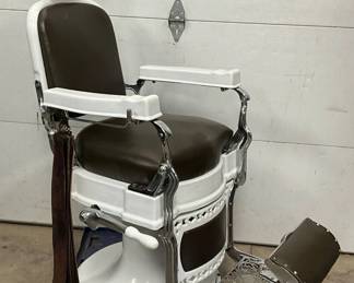 Koken Porc. Barber Chair with Brown Upholstery and Metal Accents