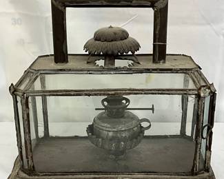 Metal and Glass Lantern with Interior Oil Burner, 12×11