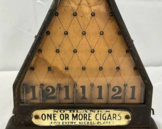 Early Metal Coin-Operated Cigar Game, 9×9 Inches