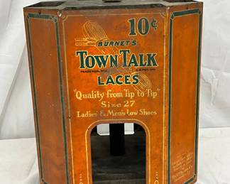 Early Burnet’s ‘Town Talk Laces’ Metal Display with Turn-Top, 9×12 Inches