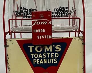 Early Tom’s Honor System Peanut Rack with 4 Glass Jars and Tom's Toasted Peanuts Sign 