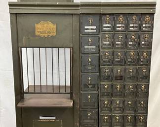 Early U.S. Post Office Counter with Lockable Mailboxes by Postmasters Supply Co., 44×53