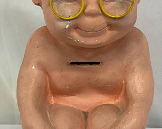 Chalkware Cupid Baby Coin Bank with Glasses, 5in x 12in