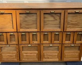 Oak Seed Cabinet with 18 Compartments and Brass Pulls, Measures 82x23x55