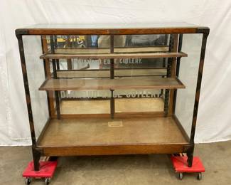 Early Oak Display Case with Diamond Edge Cutlery Branding, 22in x 48in x 42in