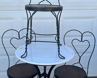 Early Ice Cream Parlor Table with Marble Top and Three Wrought Iron Chairs