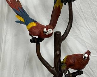 Large Parrot Sculpture on Branch, Metal, 68 Inches Tall