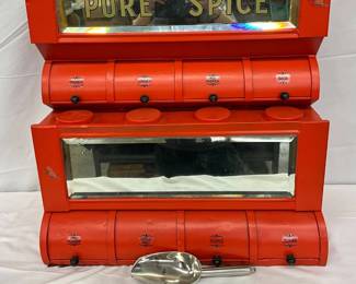 Red Metal Spice Cabinet with Mirror-Back Glass and Hinged Compartments, 14 x 24 1/2 x 25 