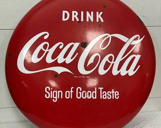 36in. Drink Coca-Cola Button Sign, ‘Sign of Good Taste’, Porcelain