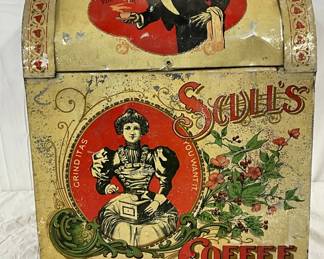 Scull’s Coffee Metal Storage Bin with Decorative Lithographs, 19×21 Inches