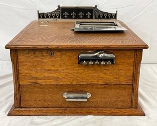 Early Oak Hough’s Security Cash Recorder with Metal Accents, 17x19x10 