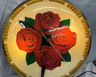 Foster and Kleiser Light-Up Glass Clock w/ Red Roses Graphics, 15in Diameter