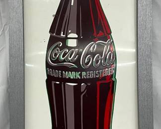 Coca-Cola Sign with Bottle Graphic in Silver Frame, 14in x 31in