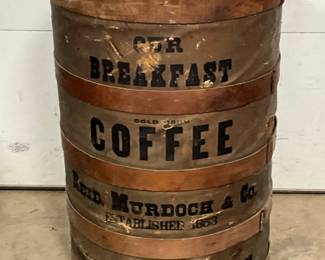 Early Wooden Reid Murdoch & Co. Coffee Barrel, 22in by 34in