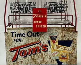 Tom’s Wire Rack Display w/ Glass Jars with Metal Lids and 'Time Out for Toms' Sign 