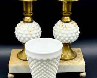 (2) Milk Glass Candlestick Holders & Cup