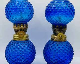 Blue Hobnail Depression Glass Hurricane Lamps