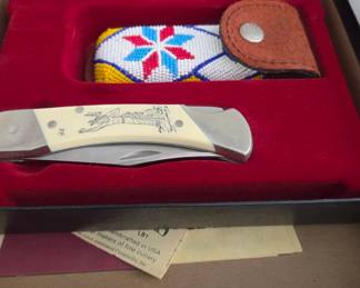 Schrade Cutlery Indian Chief LB Folding Knife with Beaded Pouch