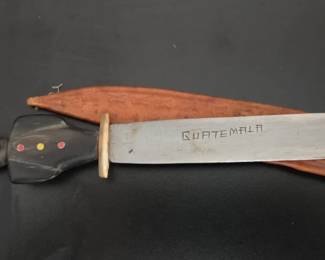 Guatemalan Carved Horn Handle Knife with Leather Sheath