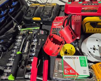 Assorted Power Tool Accessories and Hand Tools including Milwaukee Hole Dozer Set