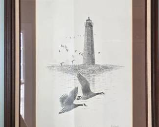 Herb Jones artist proof of New Point Comfort Lighthouse.