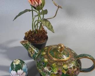 Vintage Chinese cloisonne egg and teapot with sculpted flowers