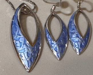 Nicole Barr sterling silver marquis necklace and earrings with blue vitreous enamel