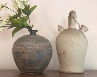 Vintage Spanish water jug and vase with faux flowers