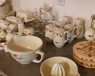 Hall Autumn Leaf salt and pepper sets, pour mixing bowl, oyster cups, cruets, candy dish with lid, covered butter dishes, tin and Christmas ornament