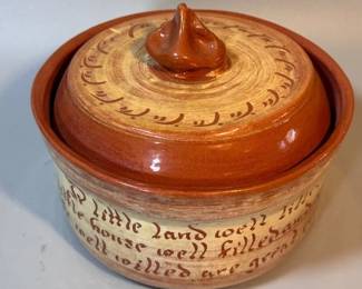 Vintage Weldon Pennsylvania Dutch pottery Motto Ware covered crock