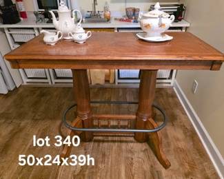 Oblong bar table, vintage ceramic tea set and soup tureen