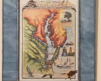 Stained glass framed Chesapeake Bay illustrated map