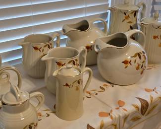 Hall Autumn Leaf ball and milk pitchers, tea and coffee pots