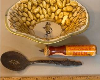 Vintage Planters Peanuts Mr. Peanut tin snack bowl, silverplate Mr. Peanut spoon and a PET evaporated milk can opener