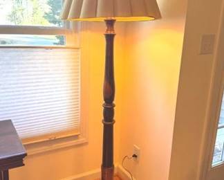 Vintage turned wood floor lamp with three lights and rounded pleated shade