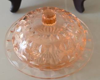 Pink Depression glass butter dish