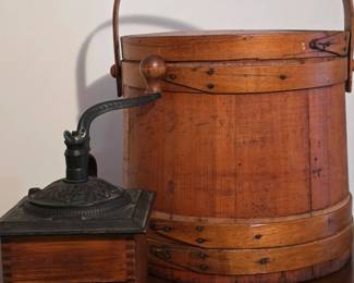 Vintage hand crank coffee grinder and wooden firkin sugar bucket
