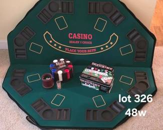 Poker board with carrier bag, chips and dice