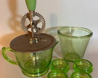 Uranium glass furniture coasters and measuring cups